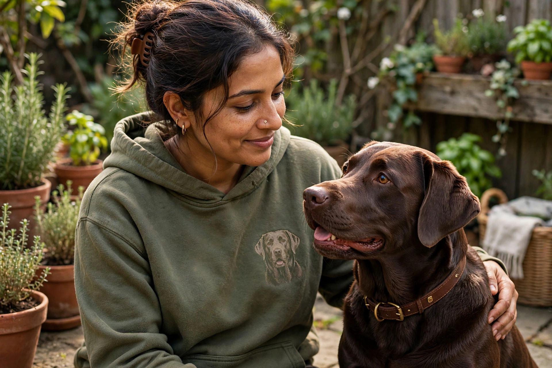 Illustration: a woman in an olive-green hoodie with an embroidered portrait of her chocolate Labrador on the chest, hugging the dog in a garden