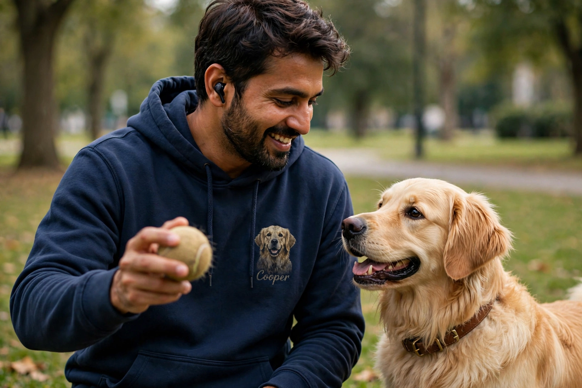 Illustration: a smiling man in a navy hoodie with an embroidered golden retriever portrait and the name Cooper on the left chest, playing ball with his golden retriever in a park