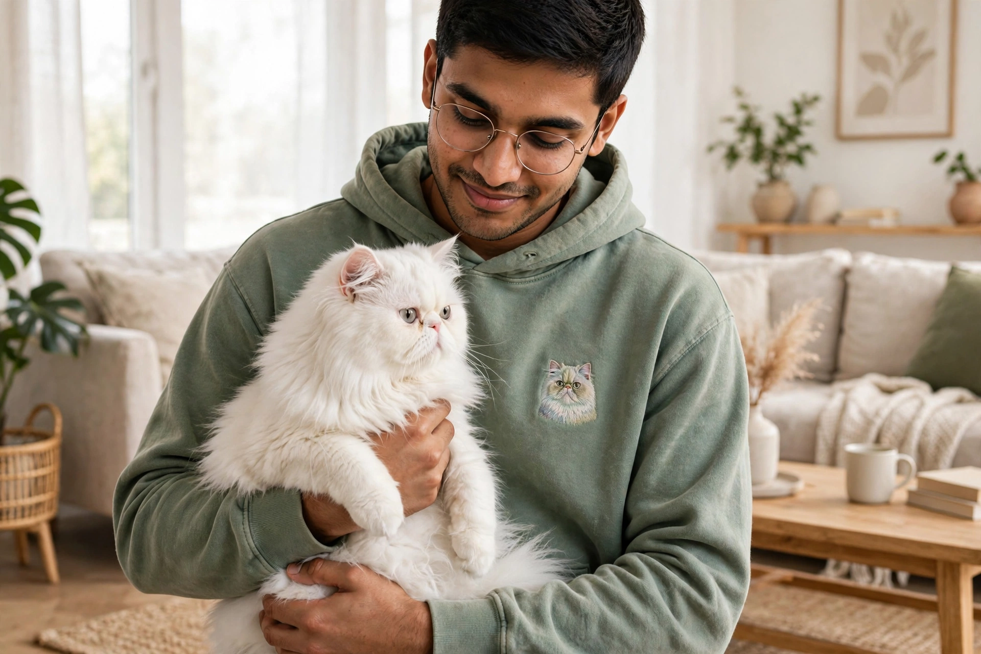 Illustration: a man in a sage-green hoodie with a small embroidered cat portrait on the chest, holding his white Persian cat at home