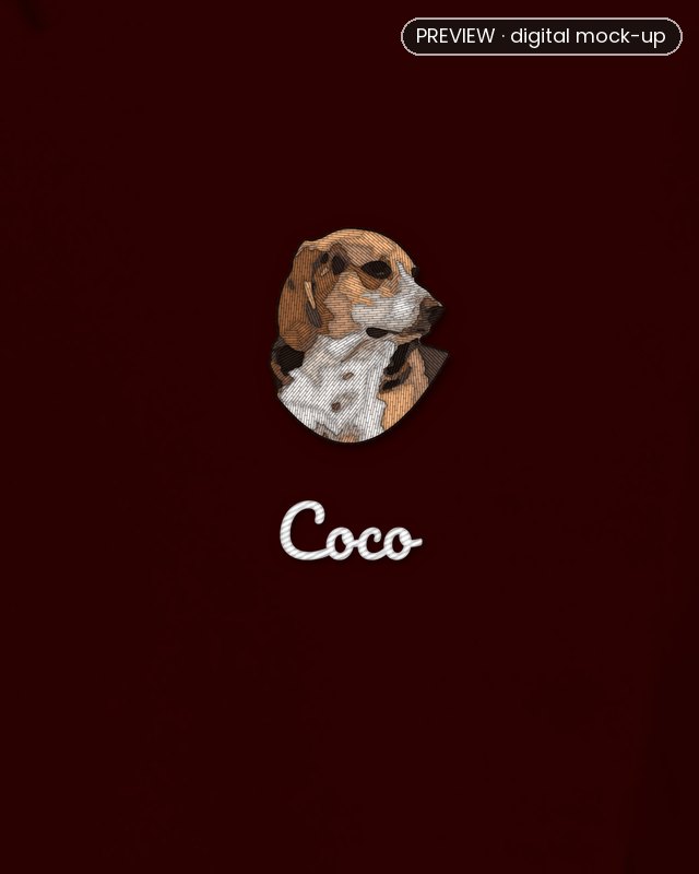 Preview: an embroidered Beagle's head on the left chest of a maroon hoodie, with the name Coco stitched in white