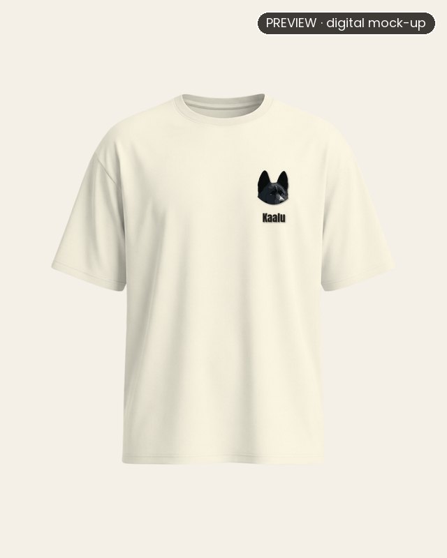 Preview: a whole off-white oversized T-shirt showing the real size of an embroidered black and white dog portrait on the left chest, with the name Kaalu in black
