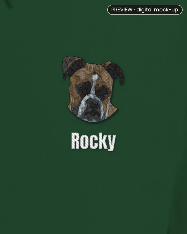 Preview: an embroidered Boxer's head on the left chest of a bottle green hoodie, with the name Rocky stitched in white