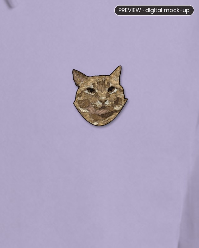 Preview: an embroidered ginger cat's head on the left chest of a lavender hoodie, without a name