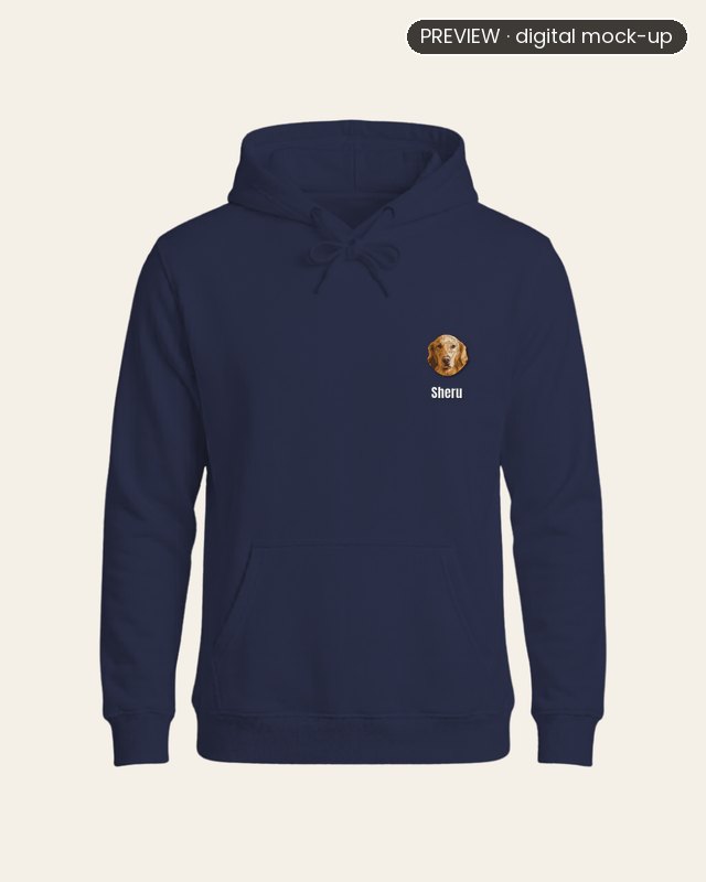 Preview: a whole navy hoodie showing the real size of an embroidered golden retriever portrait on the left chest, with the name Sheru in white