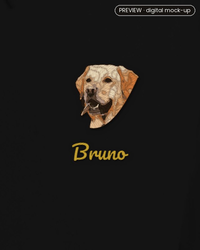 Preview: an embroidered Labrador's head on the left chest of a black hoodie, with the name Bruno stitched in gold