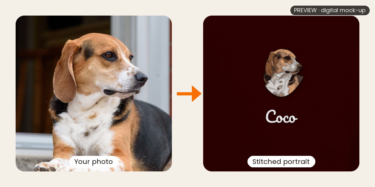 Preview: a Beagle's photo next to the same dog embroidered on a maroon hoodie