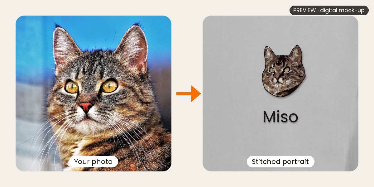Preview: a tabby cat's photo next to the same cat embroidered on a grey melange hoodie